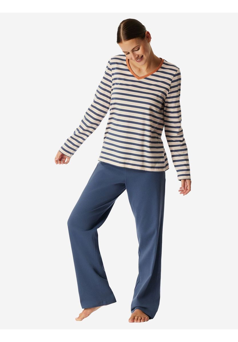 Gestreiftes Baumwoll-Pyjama-Set mit V-Ausschnitt