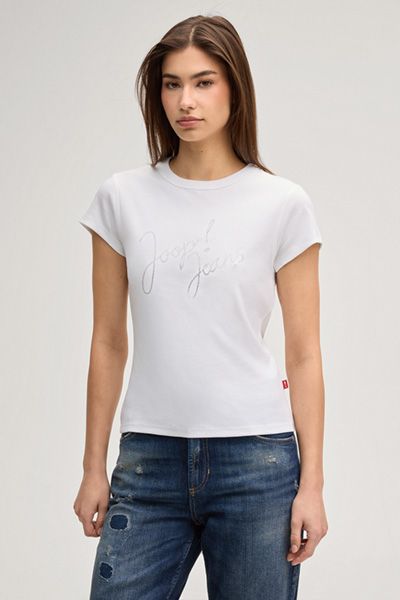 Joop! Jeans Weißes Baumwoll-T-Shirt mit Glitzerlogo-Detail