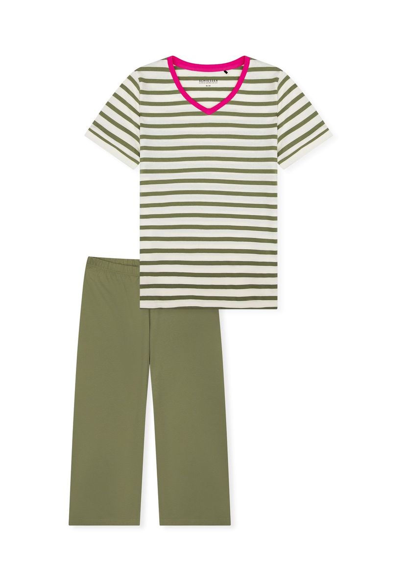 Gestreiftes Schlafanzug-Set mit V-Ausschnitt und 3/4-Hose