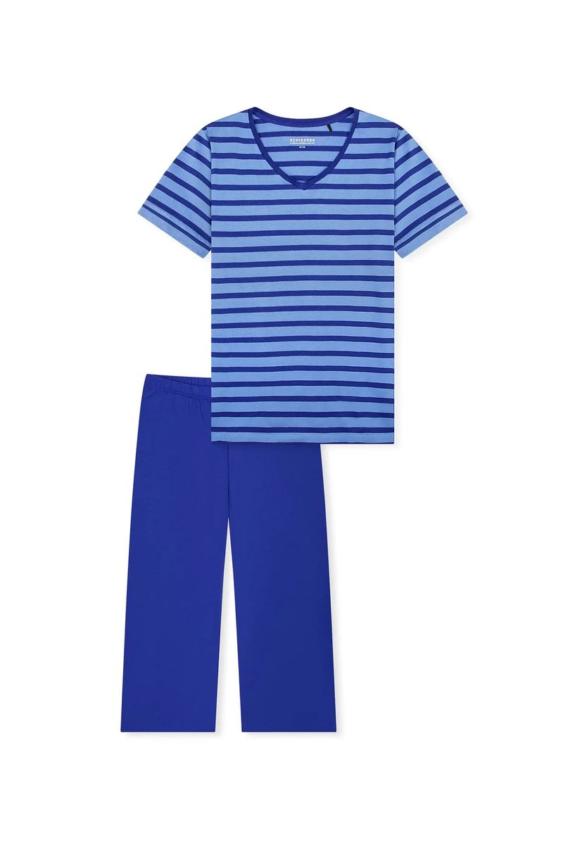 Gestreiftes Schlafanzug-Set mit V-Ausschnitt und 3/4-Hose