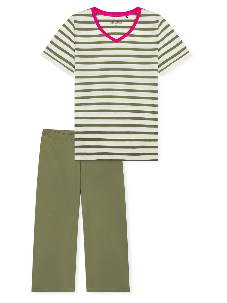 Gestreiftes Schlafanzug-Set mit V-Ausschnitt und 3/4-Hose