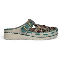 Floraler Leder-Clog mit Keilabsatz