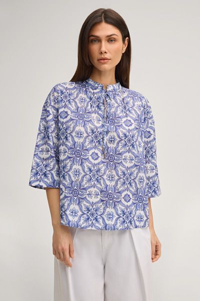 Marc Cain Bluse Beyda Blau-Weiß gemustertes Baumwollseidenmischungs-Top