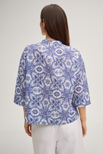 Marc Cain Bluse Beyda Blau-Weiß gemustertes Baumwollseidenmischungs-Top