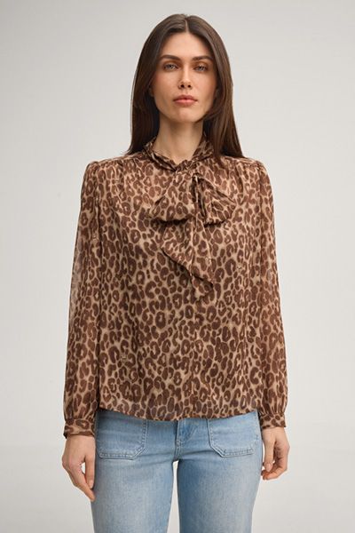 Animal-Print Bluse Bettina in Beige/Braun mit Schleife