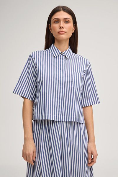 Bette Navy und Weiß gestreifte Kurzarm Hemdbluse