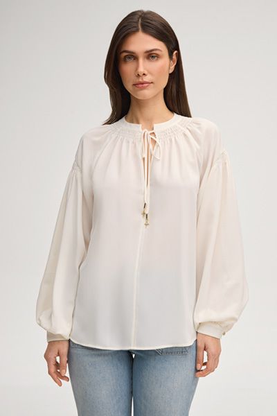 Offwhite Bauernbluse mit Ballonärmeln und Schnürhals
