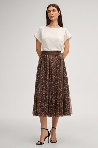 JOOP! Brauner Tüll-Midirock mit Leopardenmuster und Logo-Bund