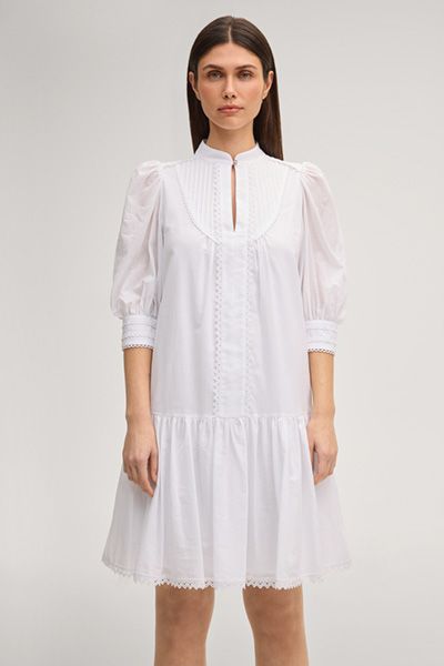 Marc Cain Dido Weißes Baumwollkleid mit Spitze und Falten