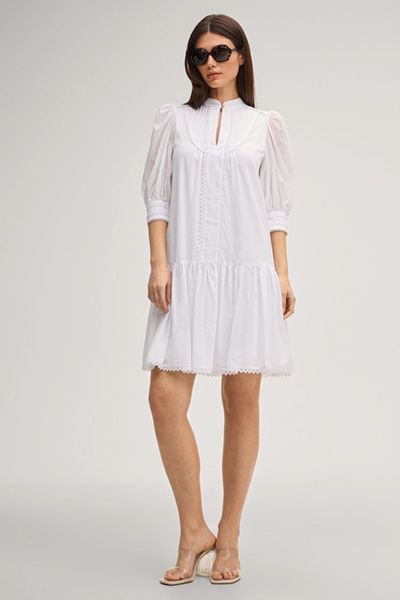 Marc Cain Dido Weißes Baumwollkleid mit Spitze und Falten