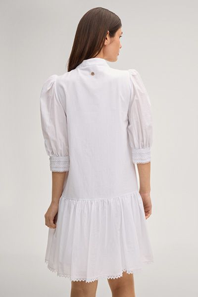 Marc Cain Dido Weißes Baumwollkleid mit Spitze und Falten