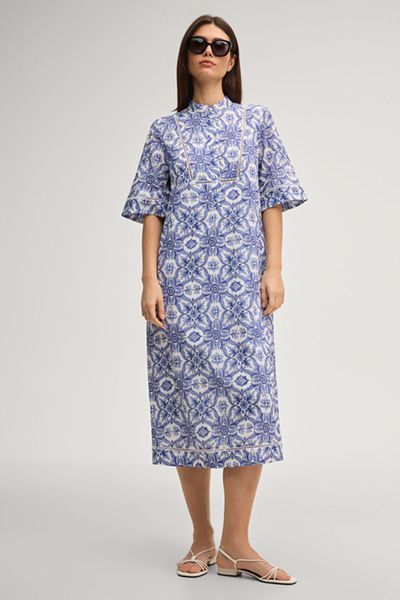 Marc Cain Desa Weißes und Blaues gemustertes Midikleid Stehkragen