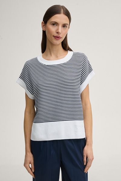 Marc Cain Gestreiftes Strickshirt Marineblau Weiß Kurzarm Baumwolle