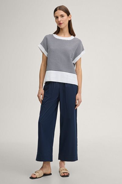 Marc Cain Gestreiftes Strickshirt Marineblau Weiß Kurzarm Baumwolle