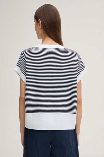 Marc Cain Gestreiftes Strickshirt Marineblau Weiß Kurzarm Baumwolle