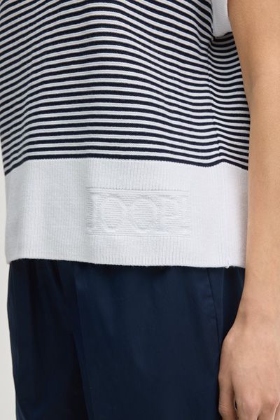 Marc Cain Gestreiftes Strickshirt Marineblau Weiß Kurzarm Baumwolle