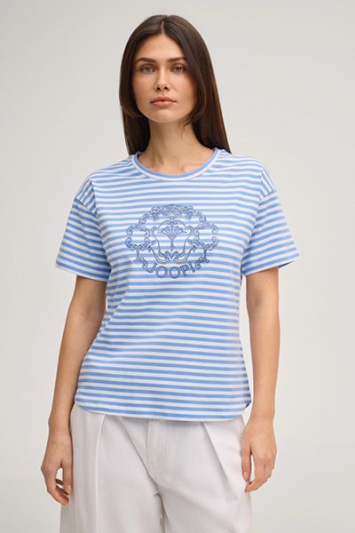 Joop! Gestreiftes Baumwoll-T-Shirt mit Logo-Emblem in Blau/Weiß