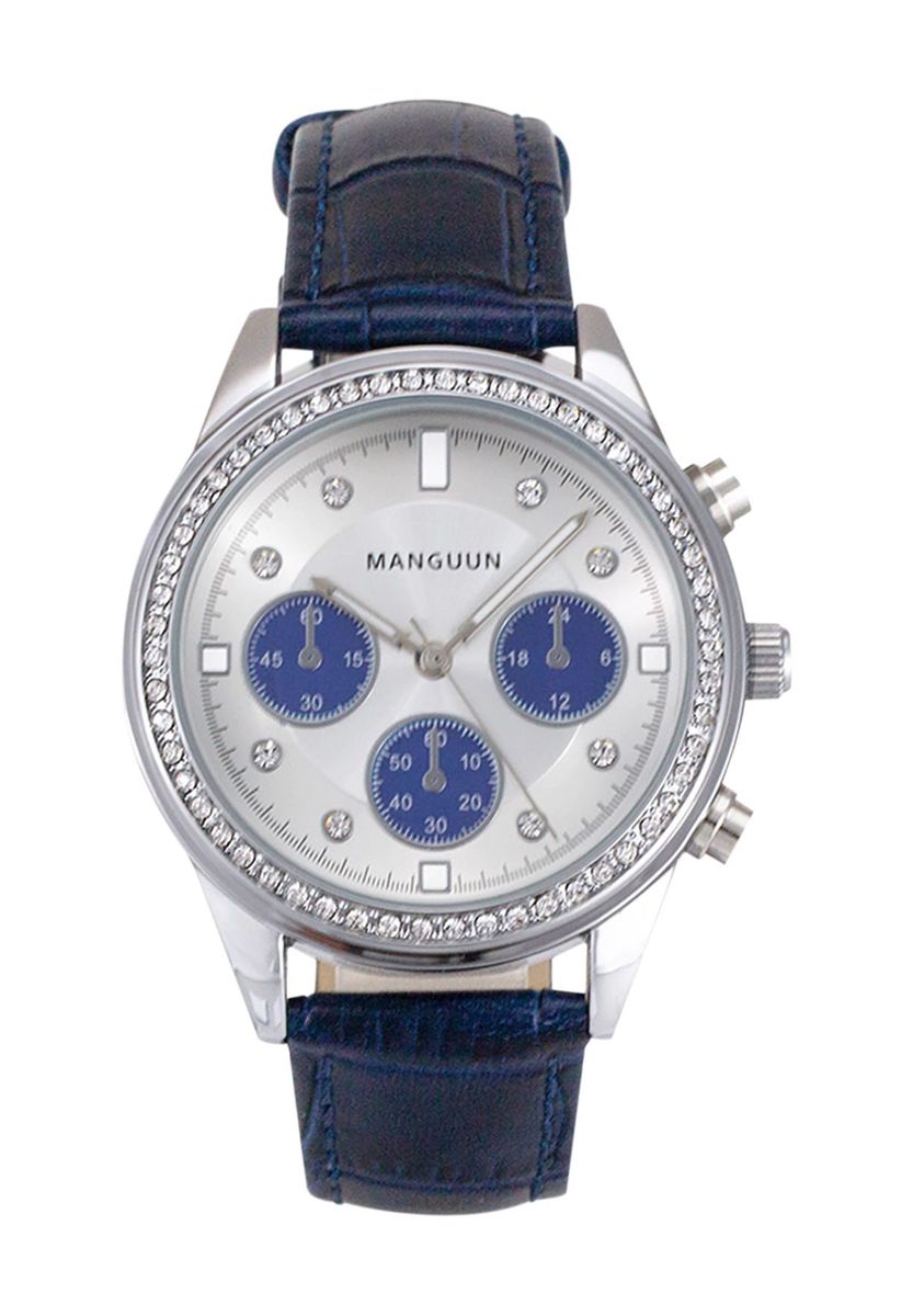 Silberfarbene Uhr mit blauen Akzenten