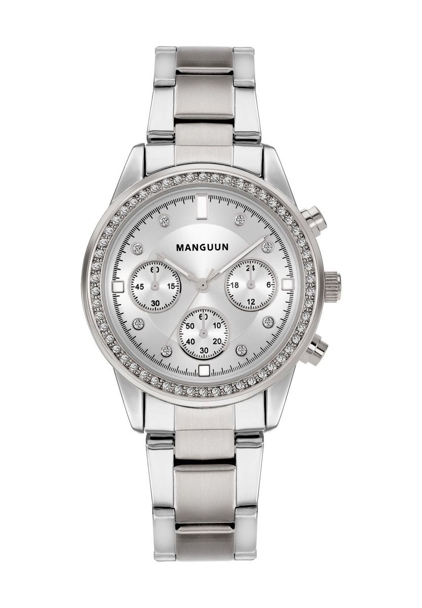 Elegante silberne Chronographenuhr mit Kristallen