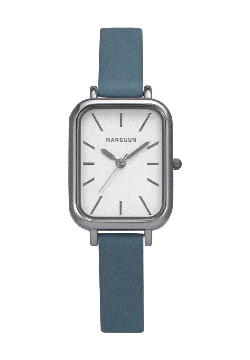 Eckige silberfarbene Uhr mit blauem Armband