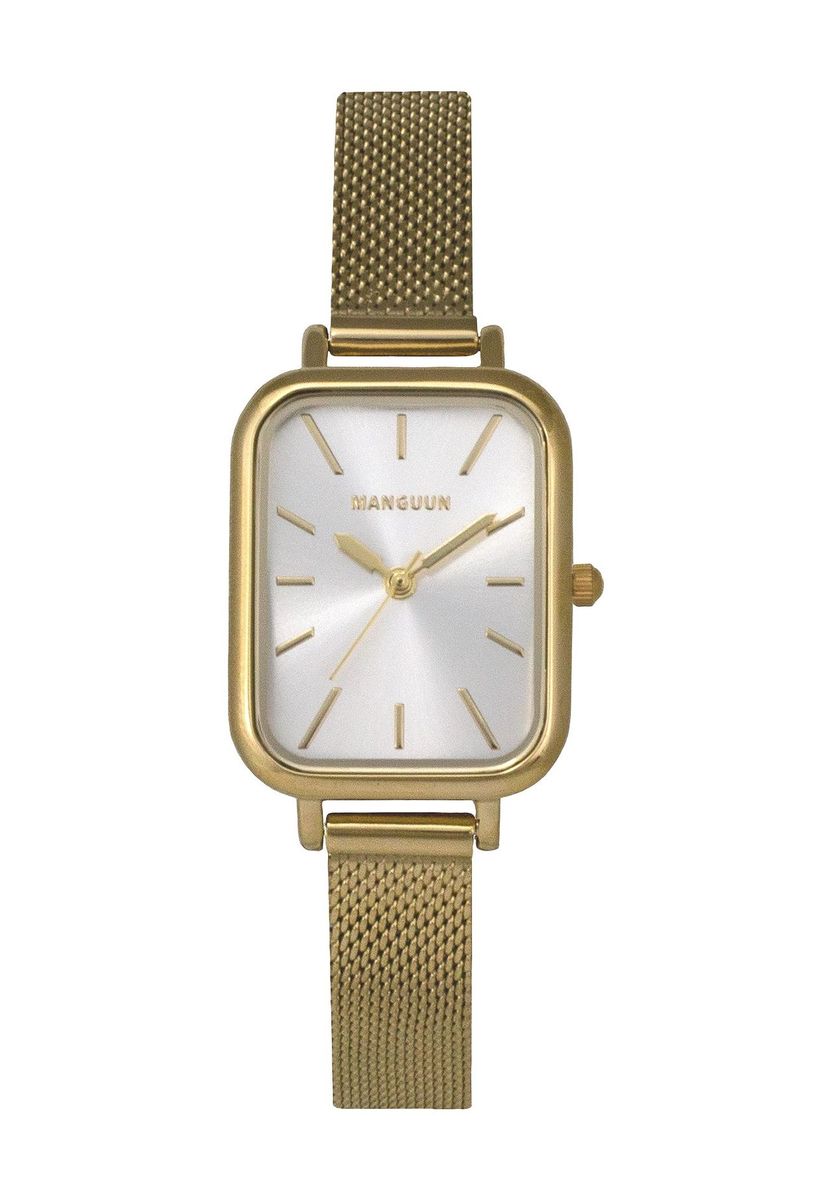 Minimalistische, quadratische goldene Mesh-Uhr