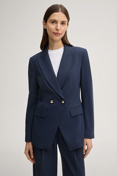 Marineblauer, zweireihiger Blazer mit goldenen Logo-Knöpfen und Reverskragen