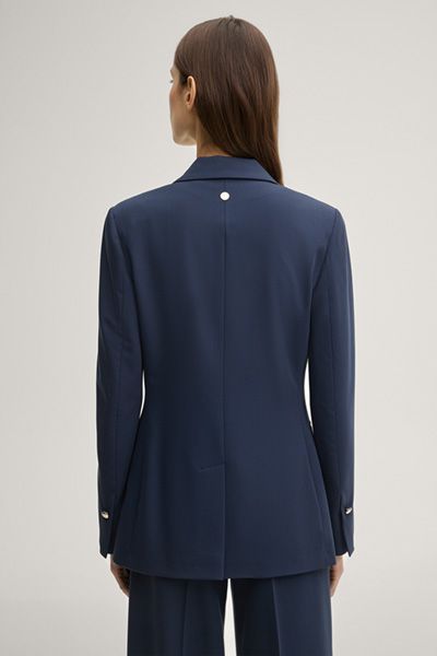 Marineblauer, zweireihiger Blazer mit goldenen Logo-Knöpfen und Reverskragen