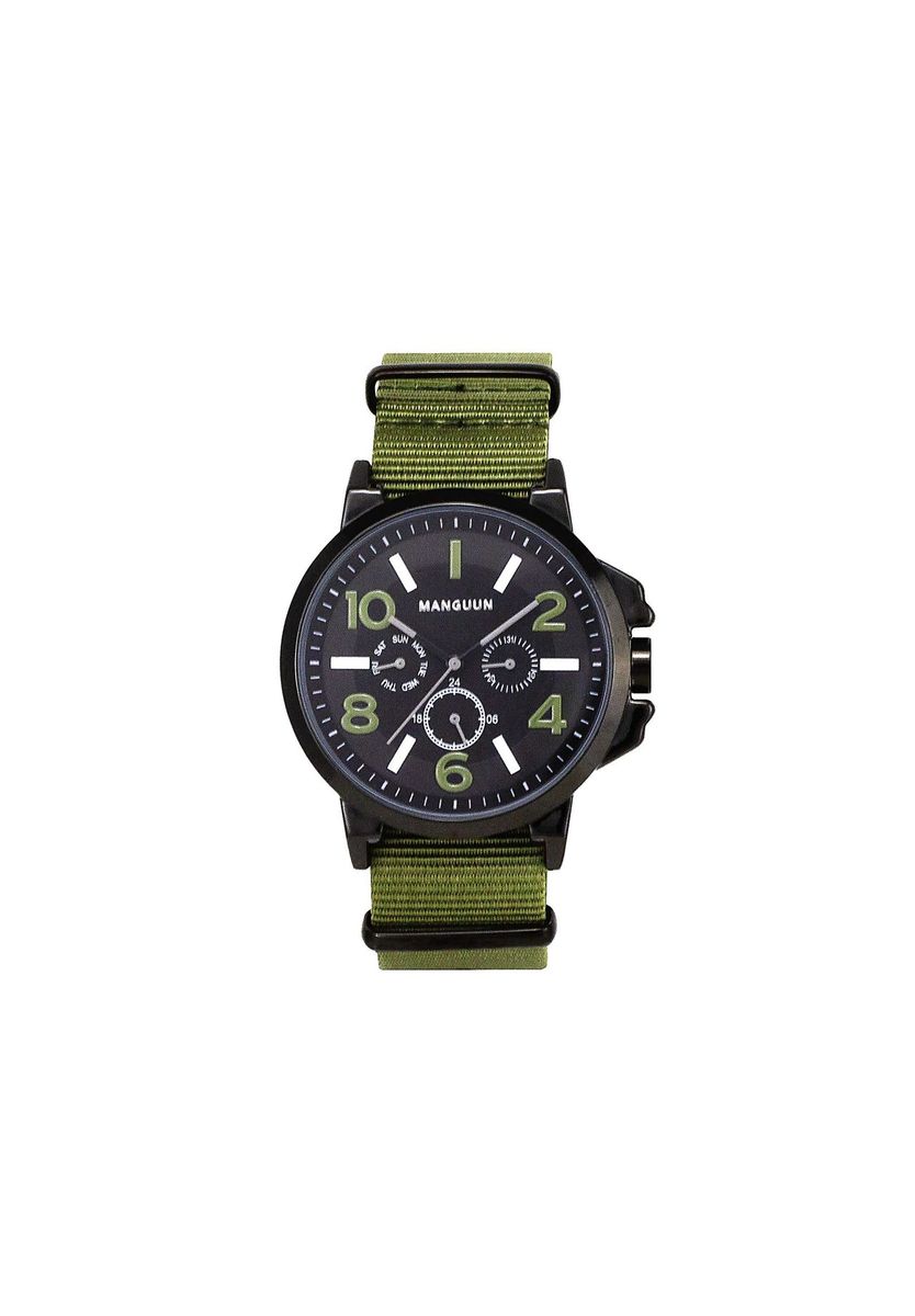 Herrenuhr mit schwarzem Zifferblatt und grünem Armband