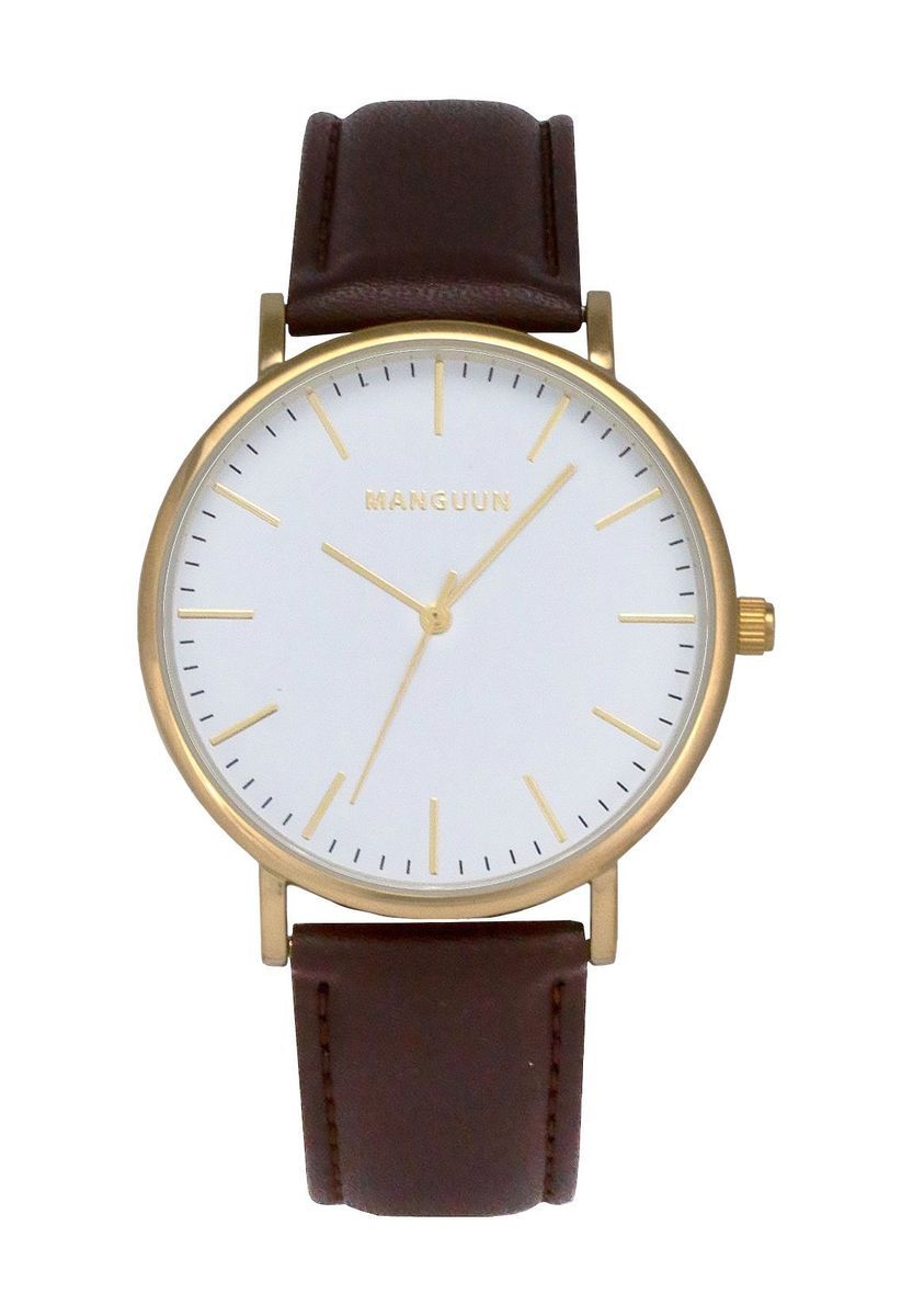 Minimalistische Uhr mit weißem Zifferblatt und braunem Lederband