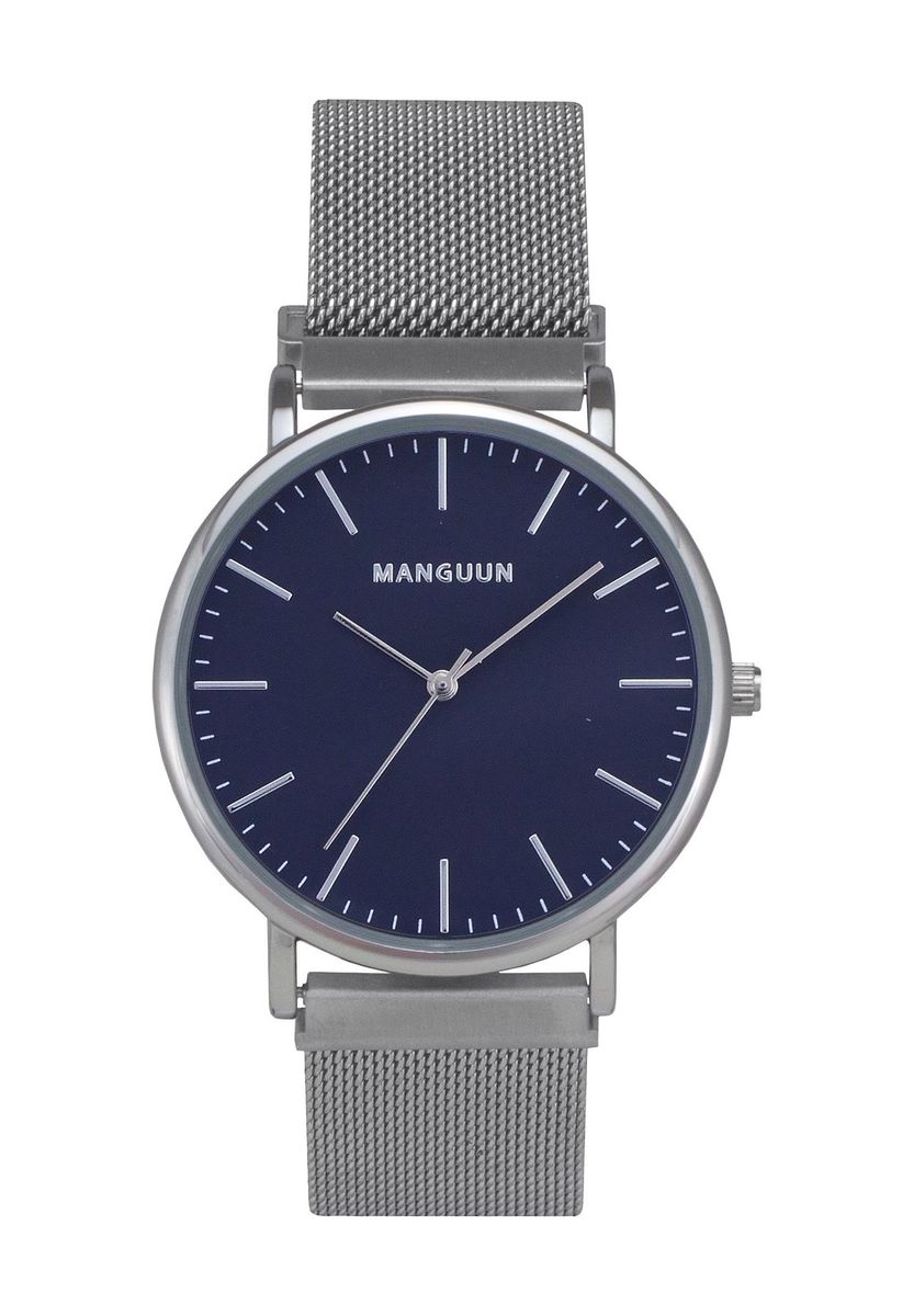 Minimalistische Uhr mit blauem Zifferblatt und Mesharmband