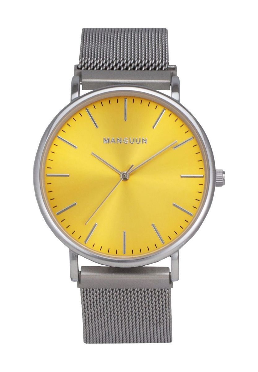 Elegante Mesh-Uhr mit gelbem Zifferblatt