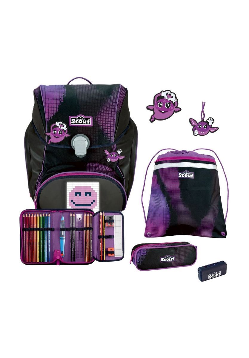 Pixeliges Schwarz-Lila Schulranzen-Set