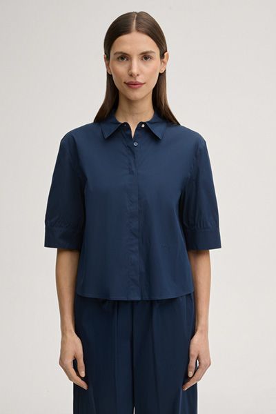 Marc Cain Begonia Marineblaue Kurzarmbluse aus Baumwollmischung