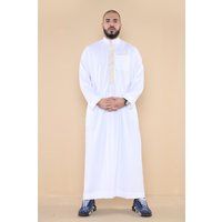 Herren Weißes Besticktes Thobe Jubba Kaftan
