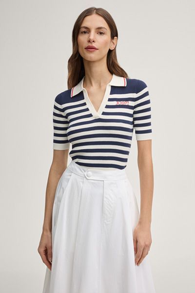 Joop! Gestreiftes Strickpolo Marineblau/Creme Kurzarm V-Ausschnitt