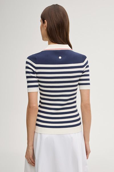 Joop! Gestreiftes Strickpolo Marineblau/Creme Kurzarm V-Ausschnitt