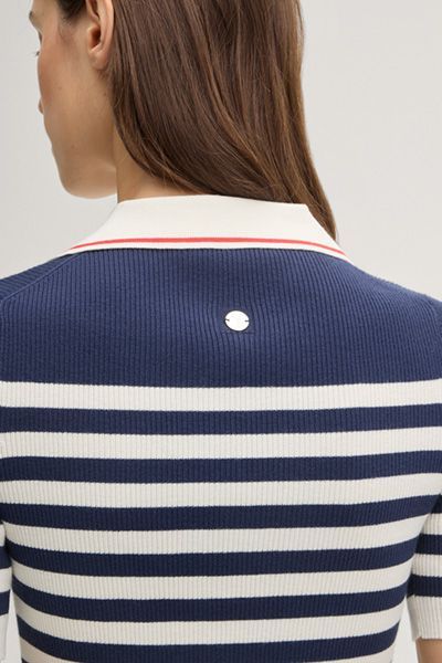 Joop! Gestreiftes Strickpolo Marineblau/Creme Kurzarm V-Ausschnitt