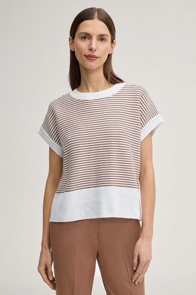 Marc Cain Gestreiftes Strick-T-Shirt Braun Creme Baumwollmischung