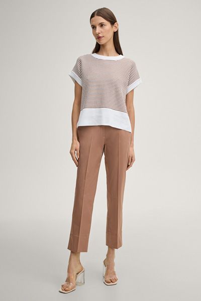 Marc Cain Gestreiftes Strick-T-Shirt Braun Creme Baumwollmischung