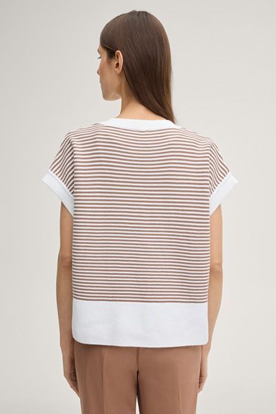 Marc Cain Gestreiftes Strick-T-Shirt Braun Creme Baumwollmischung