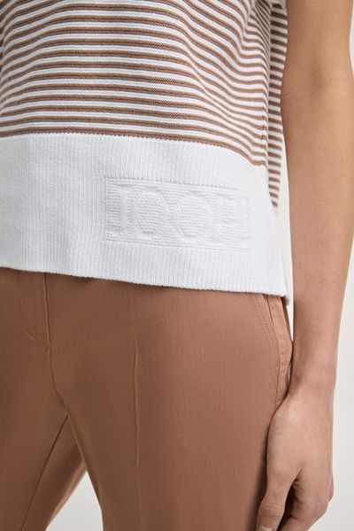 Marc Cain Gestreiftes Strick-T-Shirt Braun Creme Baumwollmischung