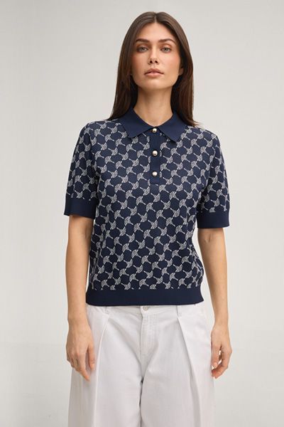 JOOP! Kella Marineblaues Monogramm-Poloshirt mit goldenen Knöpfen