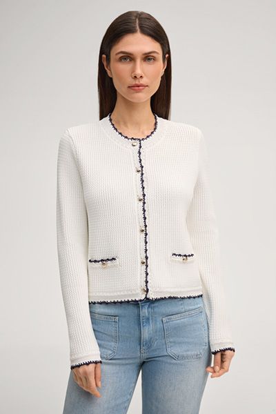 Comma Off-White Strickjacke mit Marineblauen Borten und Taschen