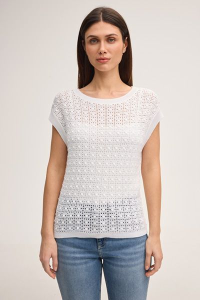 Kop strukturiertes Strickoberteil aus weißem Leinen-Viskose-Gemisch