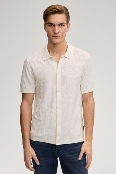 Joop! Rasmo Offwhite Strickpolohemd mit floraler Textur und Knopfleiste
