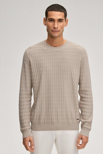 BOSS Welmo Sand Baumwolle Strukturierter Strickpullover mit Rundhalsausschnitt