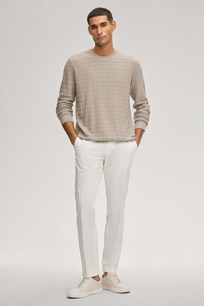 BOSS Welmo Sand Baumwolle Strukturierter Strickpullover mit Rundhalsausschnitt