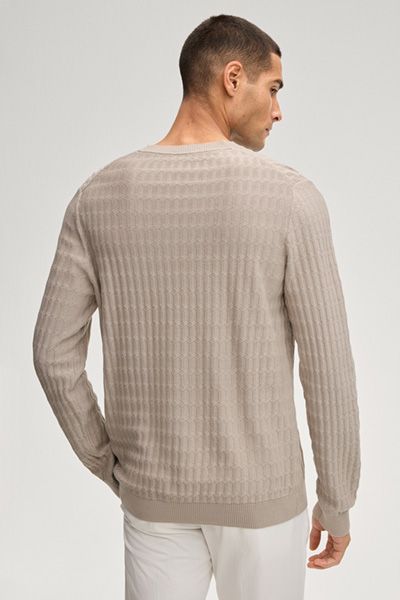 BOSS Welmo Sand Baumwolle Strukturierter Strickpullover mit Rundhalsausschnitt
