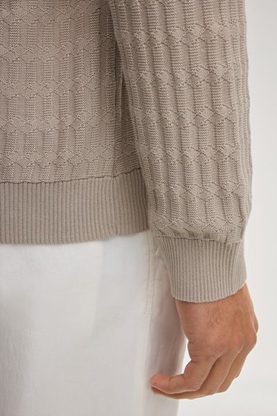 BOSS Welmo Sand Baumwolle Strukturierter Strickpullover mit Rundhalsausschnitt