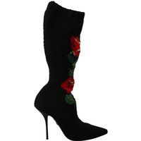 Dolce & Gabbana Schwarze Stretch-Socken Rote Rosen Stiefeletten Schuhe